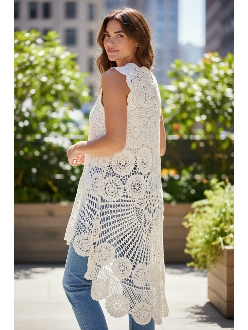 White Crochet Lace Duster Vest High Low Boho Floral Sleeveless Top